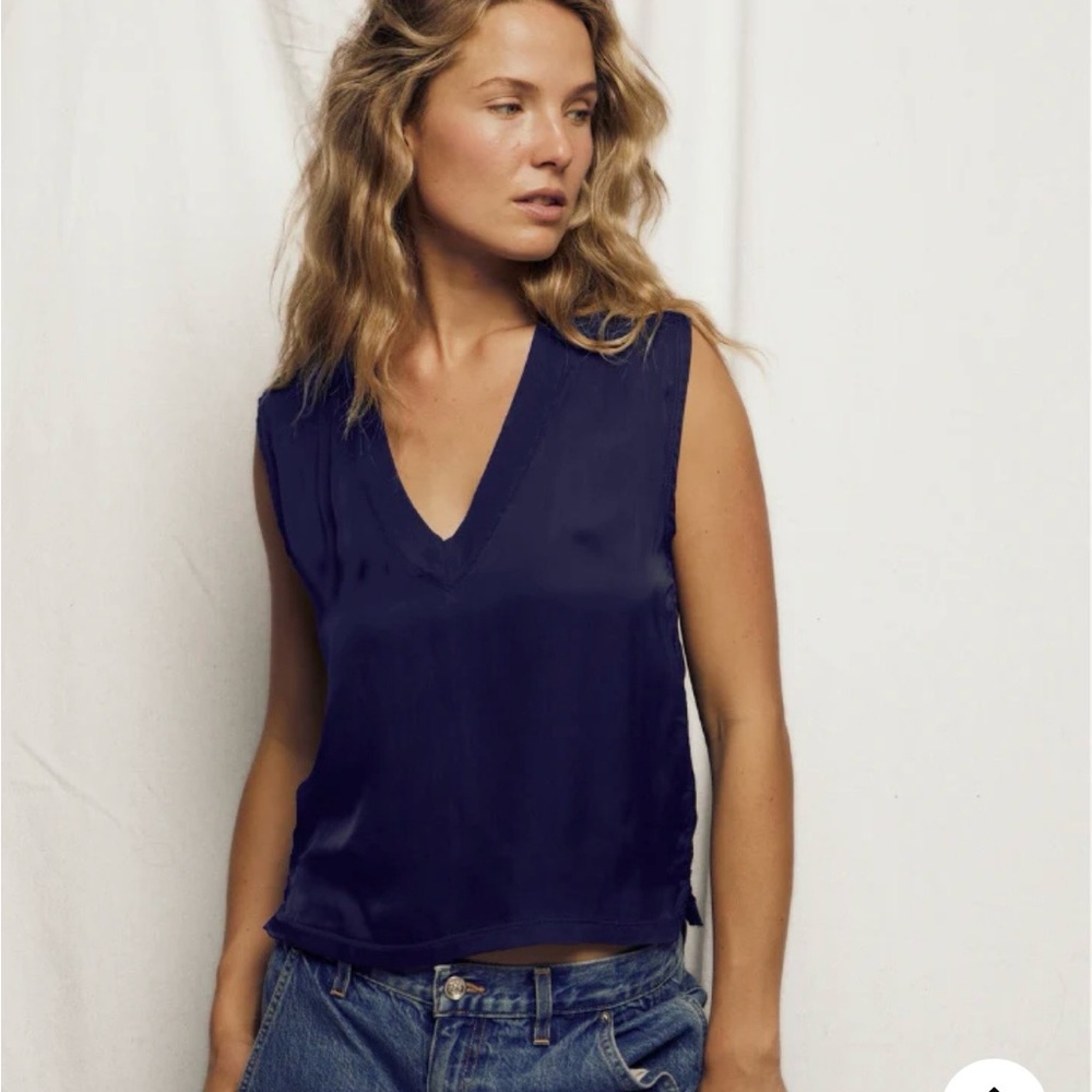 perfectwhitetee Celina Navy Satin Tank Top